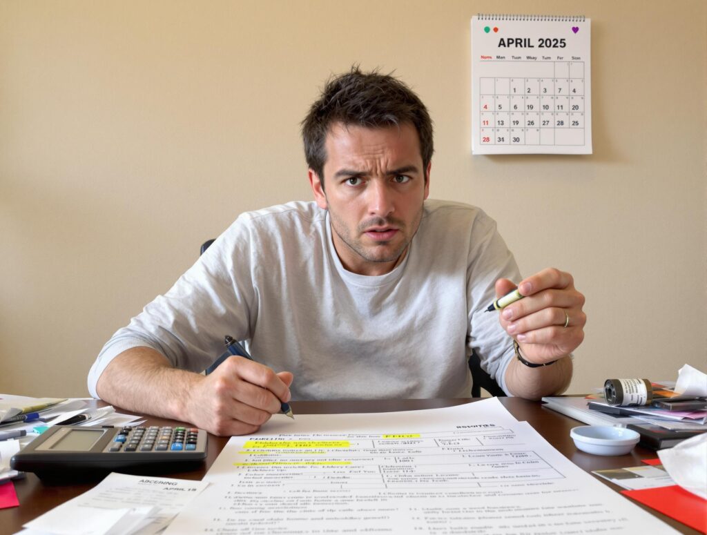 personne tenant un stylo et une calculatrice, regardant un formulaire fiscal avec une expression confuse