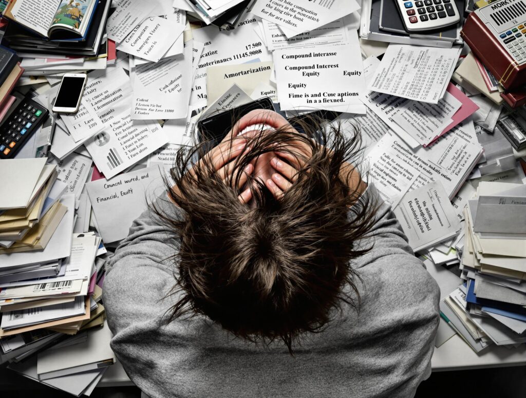 Personne se tenant la tête devant des papiers